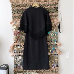 Vintage 60s Black Wool Fringed Cape Dress Ruth Saltz